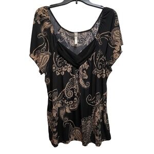 Perception Women Paisley Print Blouse Black Tan Crossover V-Neck Short Sleeve 2X